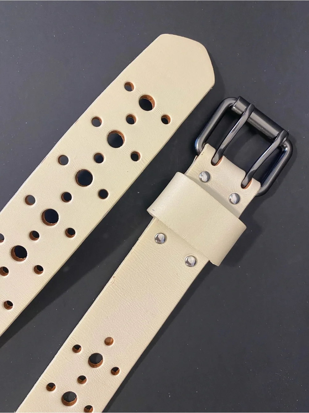 CAbi Cream Leather Perforated Belt Gunmetal Two-Prong Buckle